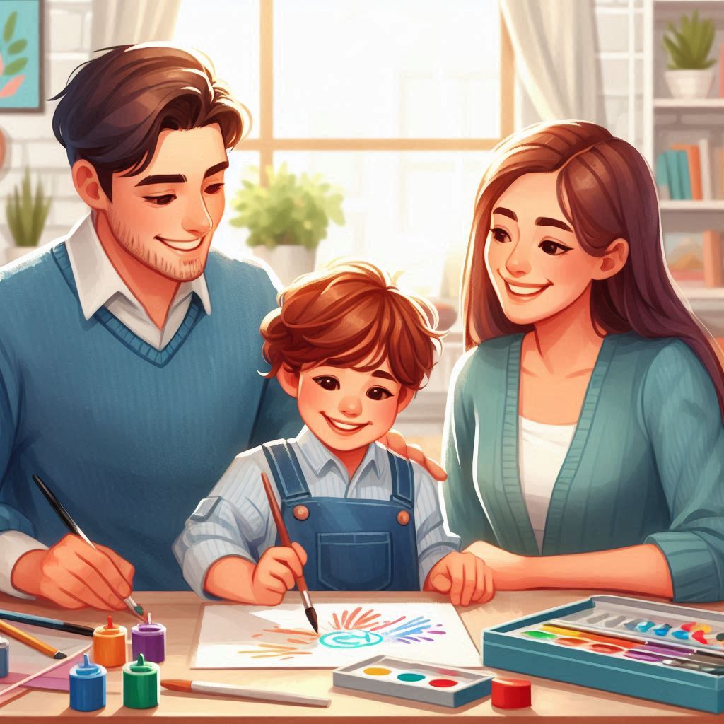 Child Painting with Smiling Parent