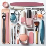 Essential-tools-for-at-home-manicure-including-nail-clippers,-nail file,-buffer,-cuticle-pusher,-and-nail-polish.