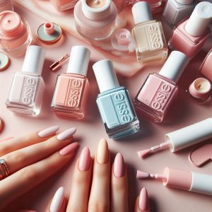 Essie-nail-polish-bottles-in-pastel-shades,-known-for-smooth-application-and-a-glossy-finish.