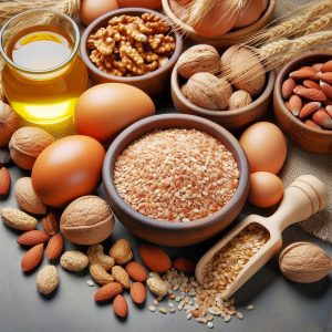 Eggs,-nuts,-and-whole-grains-that-provide-biotin,-essential-for-healthy-hair-and-strong-nails.