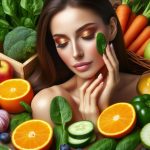 Fresh-fruits-and-vegetables-like-oranges-and-spinach-that-are-rich-in-vitamins-for-beauty,-boosting-skin,-hair,-and-nails.