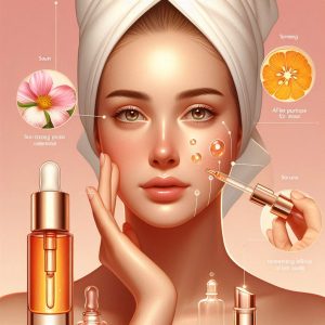 Illustration-of-a-morning-skincare-routine-with-a-serum-bottle,-highlighting-the-benefits-of-using-serums-for-targeting-specific-skin-issues-like-dark-spots,-dryness,-and-dullness.