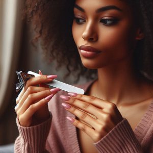 Trimming-and-shaping-nails-with-clippers and-a-nail-file-for-a-professional-at-home-manicure.