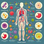 Illustrated diagram of the human immune system with labeled organs, cells, and pathogens.