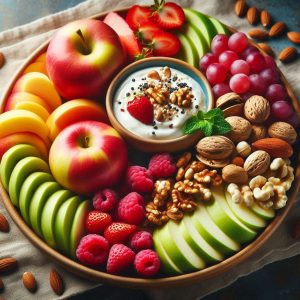 A-plate-of-healthy-food,-including-apples,-nuts-and-yogurt,-for-baby's-well-being-after-eating-sugar.