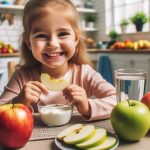 Child-eating-a-healthy-snack-of-apples-and-yogurt-at-a-kitchen-table,-promoting-recovery-from-excessive-sugar-consumption.