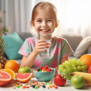 Child-drinking-water-surrounded-by-fresh-fruits,-promoting-recovery-from-sugar-intake.