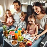 A-traveling-family-with-kids-enjoying-healthy-snacks,-coloring-activities,-and-water-bottles-while-sitting-comfortably-on-an-airplane.