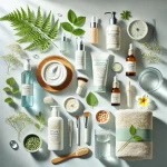 Flat-lay-of-anti-aging-skincare-essentials-including-sunscreen,-moisturizer,-gentle-cleanser,-vitamin-C-serum,-retinol-cream,-green-leaves,-a-glass-of-water,-and-towels-on-a-pastel-background.