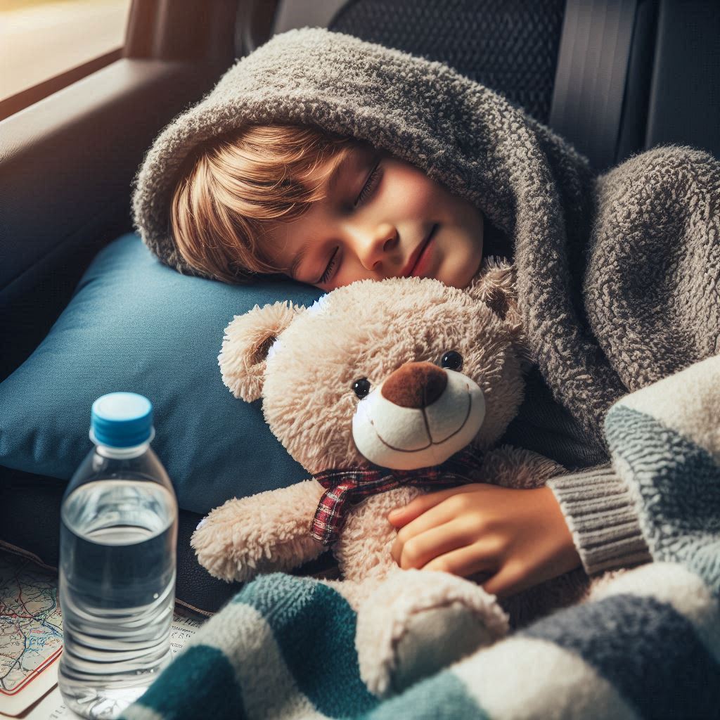 A-child-sleeping-in-the-backseat-of-a-car,-wrapped-in-a-blanket,-holding-a-teddy-bear,-with-a-water-bottle-and-a-map-nearby.