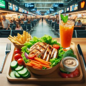 A-healthy-meal-option-at-an-airport-food-court,-including-a-salad-with-grilled-chicken-and-vegetables-for-a-nutritious-meal.