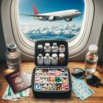 Travel-kit-with-essential-pills-in-a-pill-organizer,-with-an-airplane-window-view-in-the-background,-and-a-passport,-water-bottle,-sunglasses,-and-plane-ticket-nearby.