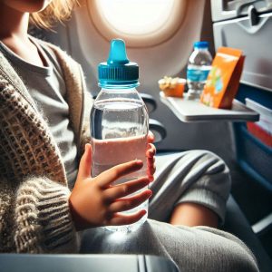 child-holding-a-refillable-water-bottle-while-sitting-in-an-airplane-seat,-with-snacks-and-activity-books-in-the-background-to-emphasize-the-importance-of-staying-hydrated-during-long-flights.